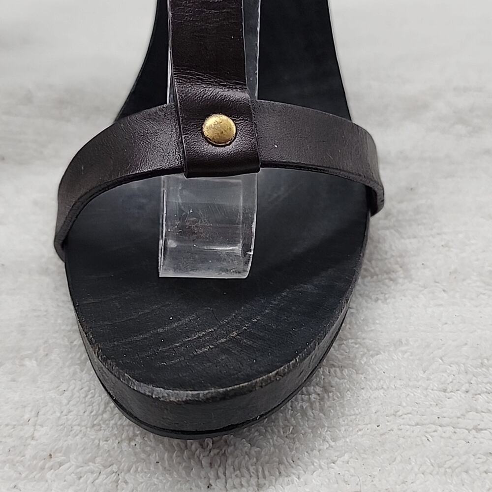 GUCCI KYLIE VINTAGE STILLETOS WOODEN PLATFORM LEATHER T-STRAP HEELS 7.5 GUC - Picture 4 of 16